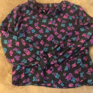 Ungaro Parallela Paris Vintage “80” Black,Pink and Blue Silk Floral Blouse